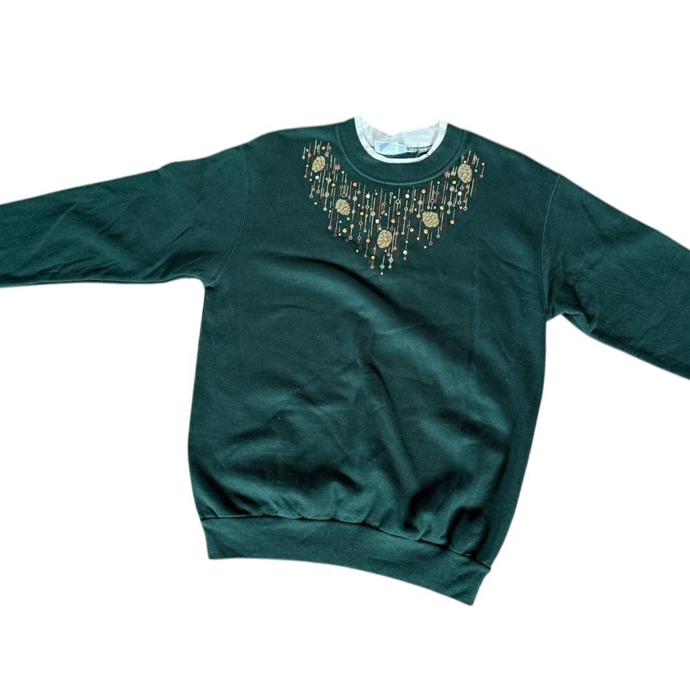 Morning Sun Sweatshirt Womens Medium Layered Collar Dark green Ivory Pinecone